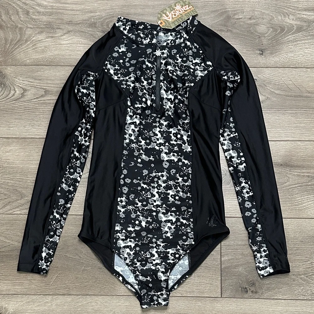 UV Skinz Half Zip Long Sleeve Rashguard Thumbhole Swimsuit Black White Floral S - Picture 1 of 13